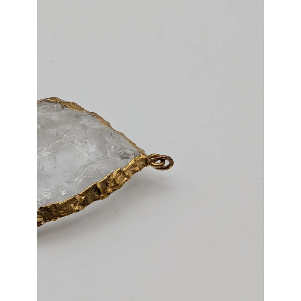 Unsigned Raw Clear Quartz Crystal Slice Pendant Gold Tone Edge Boho Statement